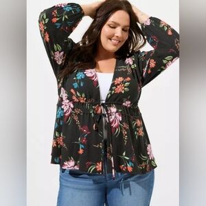 Torrid Black Floral Gauze Tie Front - Kimono Size 1 1X 14-16